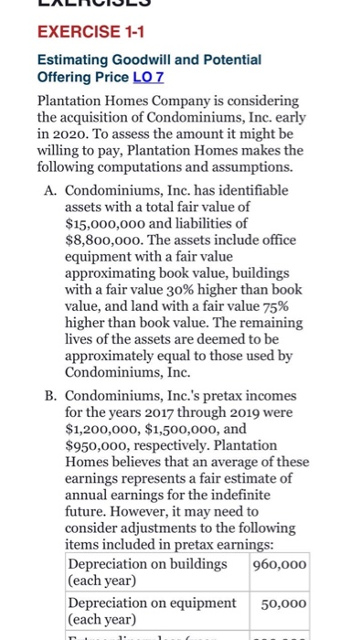  EXERCISE 1-1 Estimating Goodwill and Potential Offering Price LO 7 Plantation