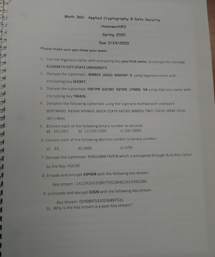  Math 360- Applied Cryptography & Data Security Homework#3 Spring 2020 Due