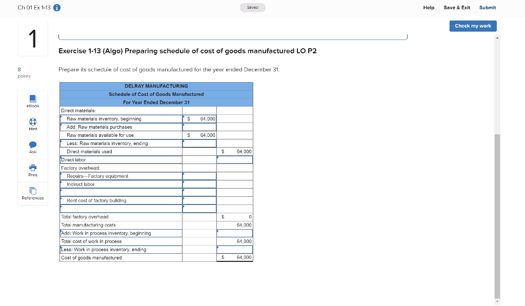 my work 1 8 points Required information Use the following Information for