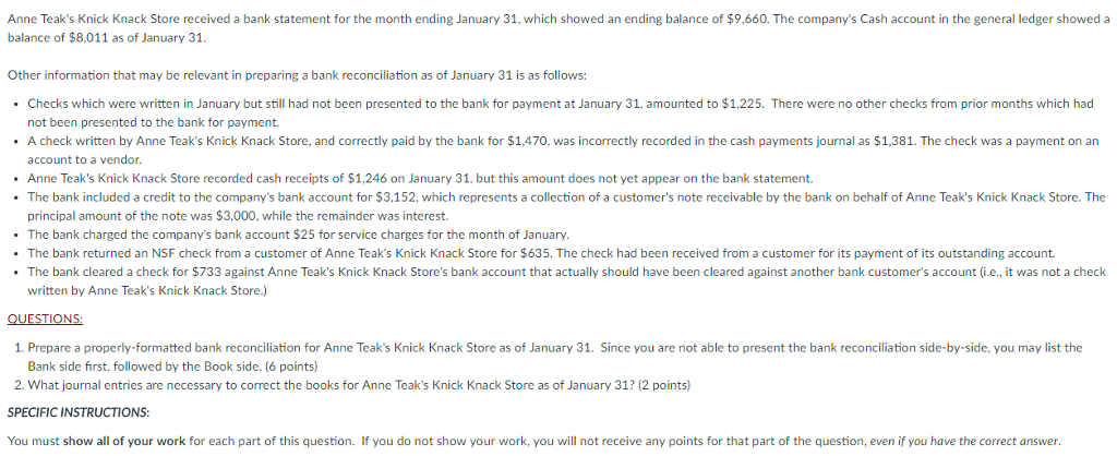 Anne Teak's Knick Knack Store received a bank statement for the