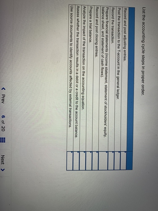  List the accounting cycle steps in proper order. Record and post