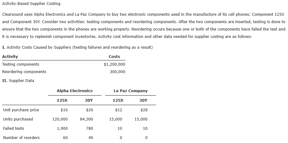  Activity-Based Supplier Costing Clearsound uses Alpha Electronics and La Paz Company
