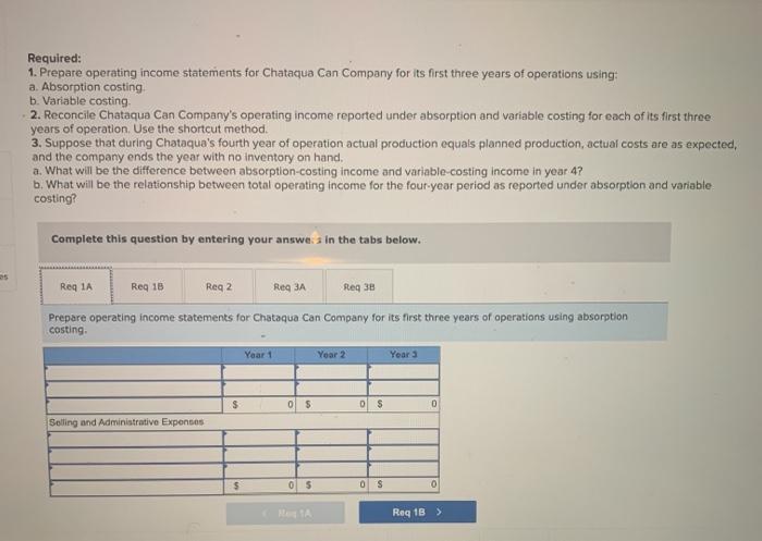 Operating Income (LO 8-2, 8-3, 8-4) Chataqua Can Company manufactures metal cans