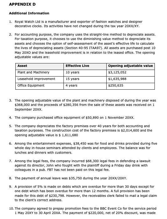Please i really need help with this assignment. APPENDIX D Additional Information