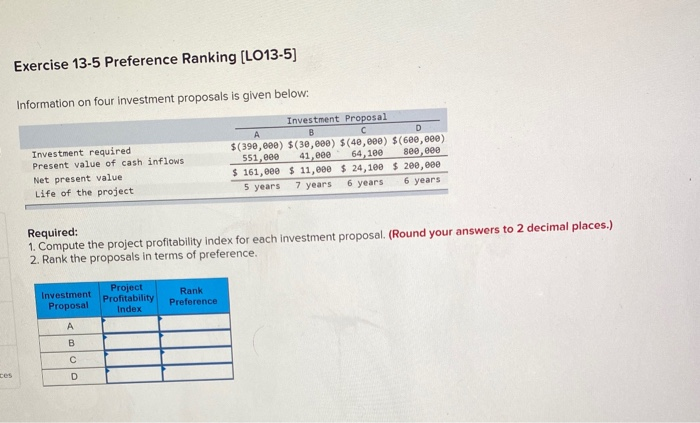 i really need help understanding this question! Exercise 13-5 Preference Ranking (LO13-5)