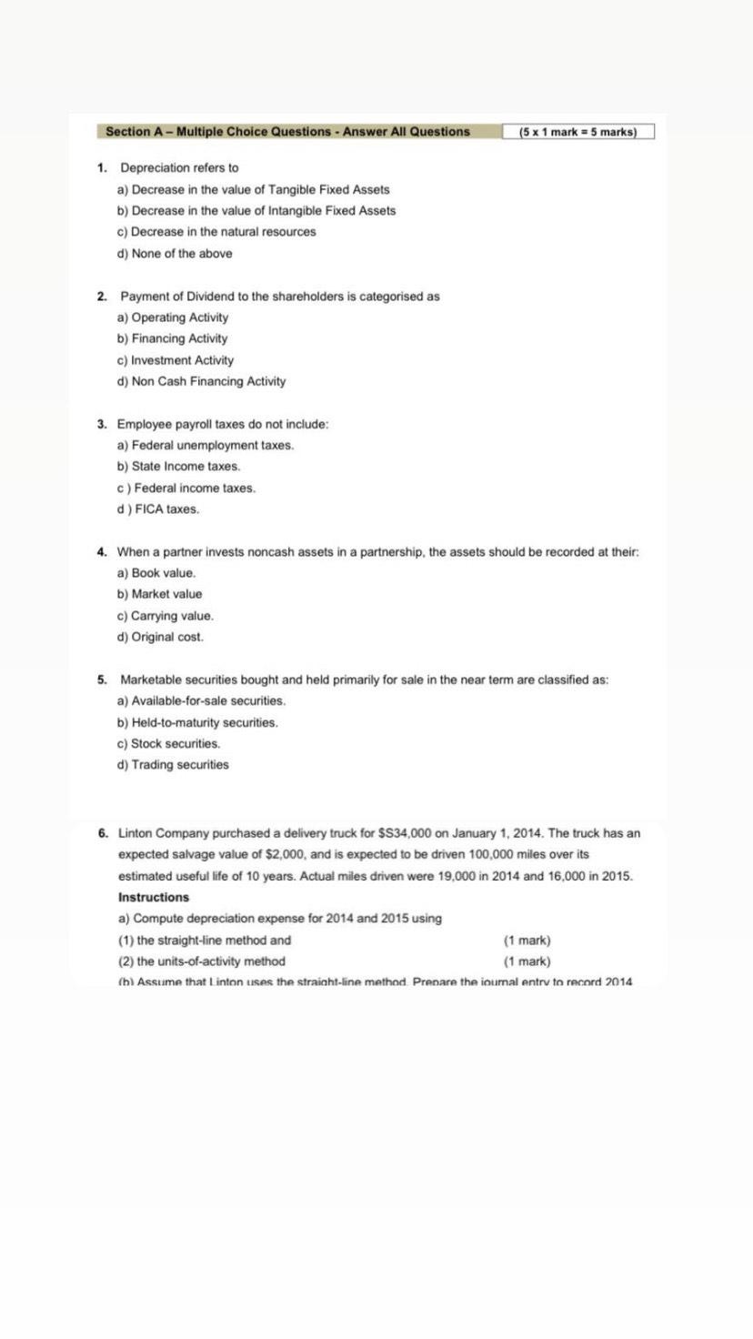  Section A - Multiple Choice Questions - Answer All Questions (5x1