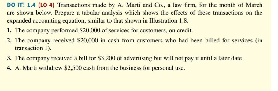  DO IT! 1.4 (LO 4) Transactions made by A. Marti and