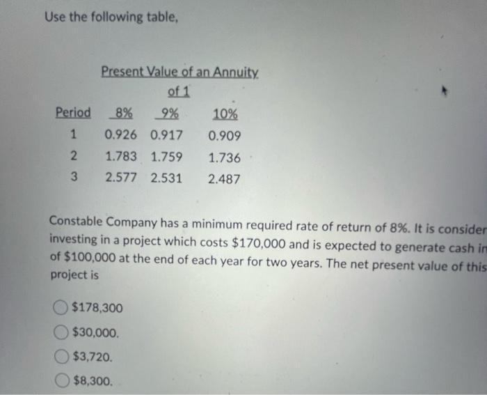  Use the following table, Constable Company has a minimum required rate