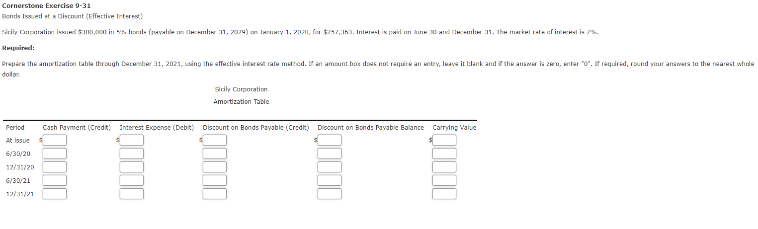  Cornerstone Exercise 9-31 Bonds Issued at a Discount (Effective Interest) Sicily