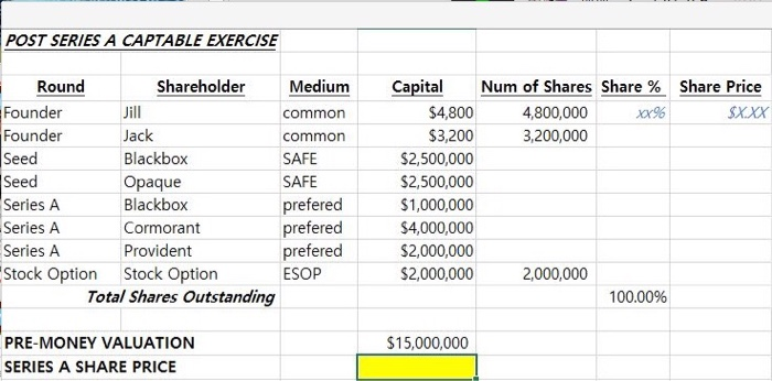  POST SERIES A CAPTABLE EXERCISE Round Shareholder Medium Capital Num of