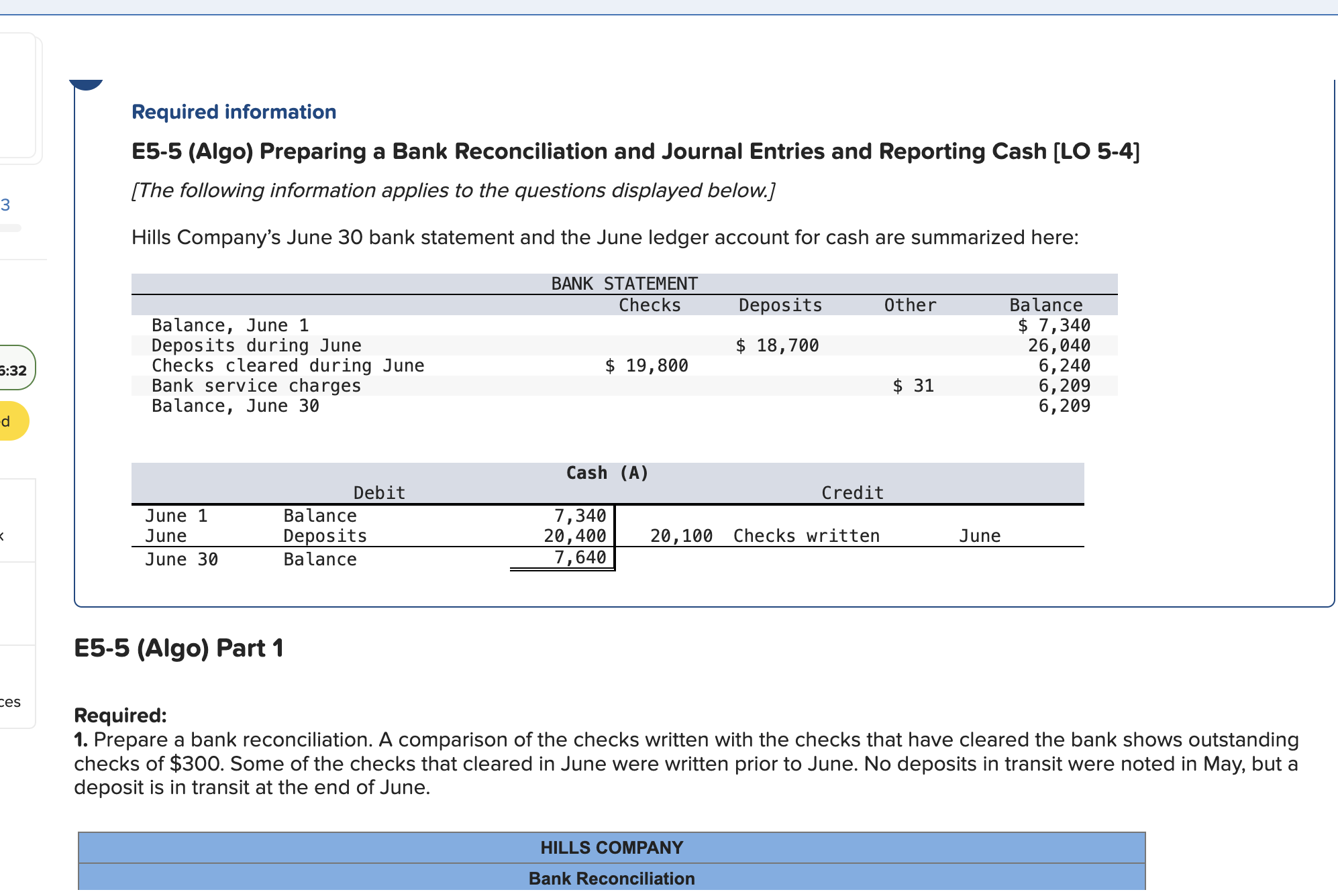 Required information E5-5(Algo) Preparing a Bank Reconciliation and Journal Entries and