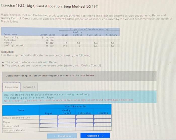  Exercise 11-28 (Algo) Cost Allocation: Step Method (LO 11-1) Mack Precison