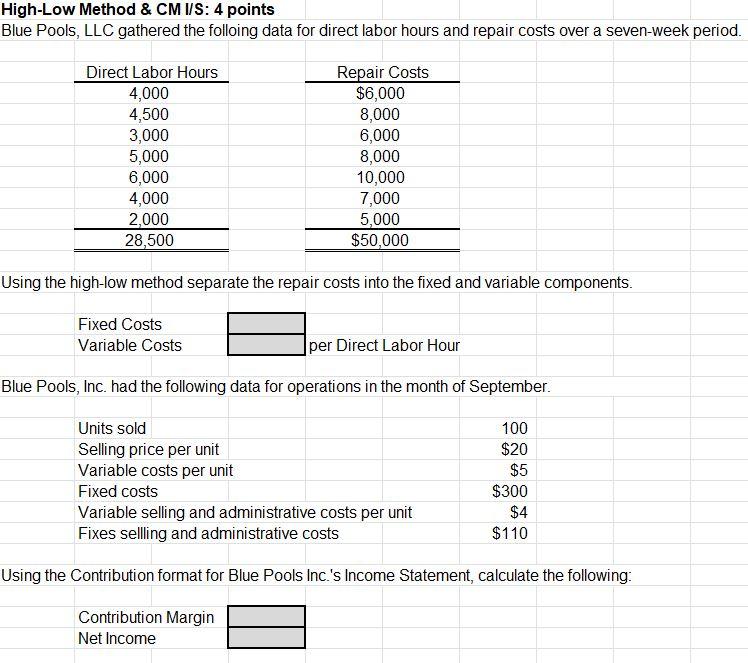  High-Low Method \& CM I/S: 4 points Blue Pools, LLC gathered