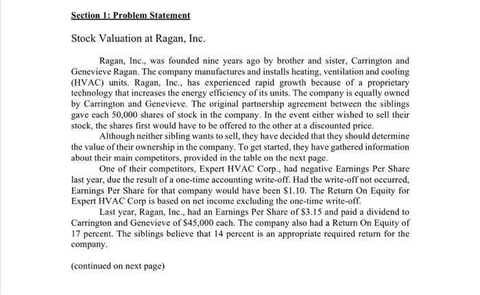  Section 1: Problem Statement Stock Valuation at Ragan, Inc. Ragan, Inc.,