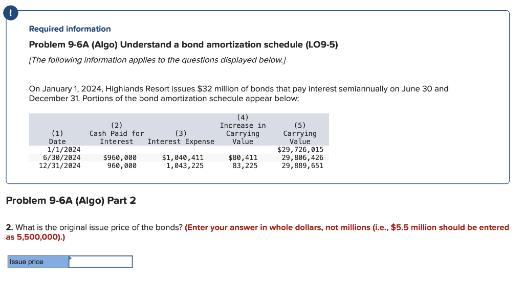 Required information Problem 9-6A (Algo) Understand a bond amortization schedule (LO9-5)