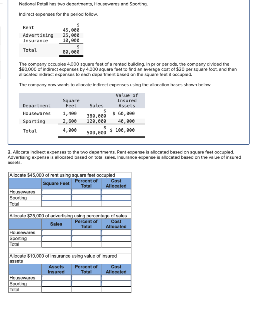 has two departments, Housewares and Sporting. Indirect expenses for the period follow.