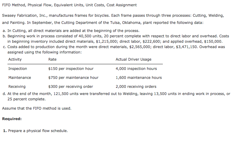  FIFO Method, Physical Flow, Equivalent Units, Unit Costs, Cost Assignment Swasey