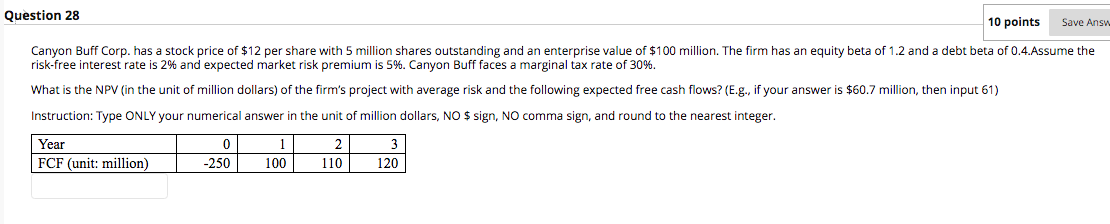  Question 28 10 points Save Answ Canyon Buff Corp. has a