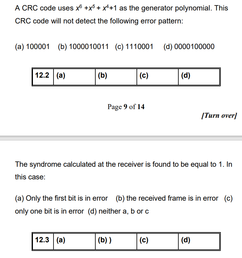  1. A CRC code uses x6+x5+x4+1 as the generator polynomial. This