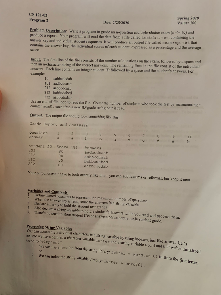 Write a program in C++ to grade an n-question multiple-choice exam (n