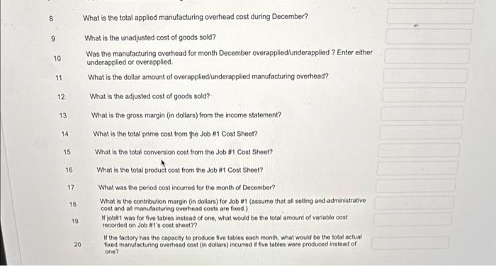 design and build the tables. The company does not have indirect materials.