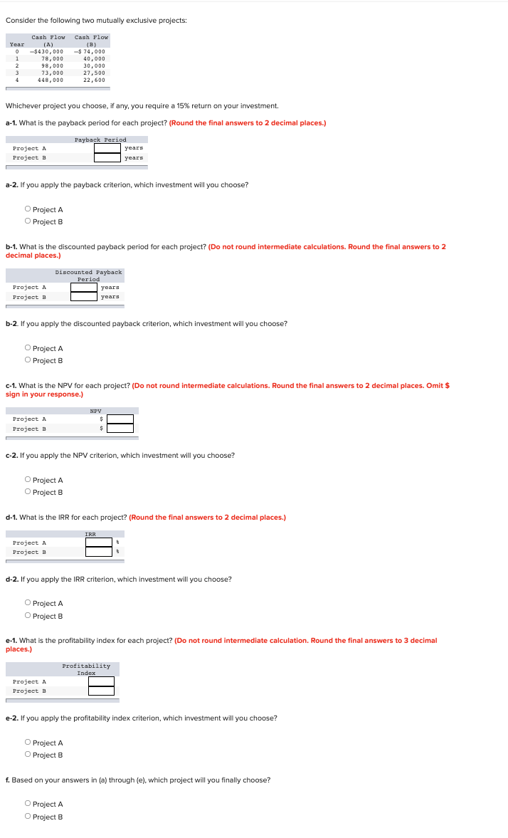 Consider the following two mutually exclusive projects: Cash Flow Cash Flow