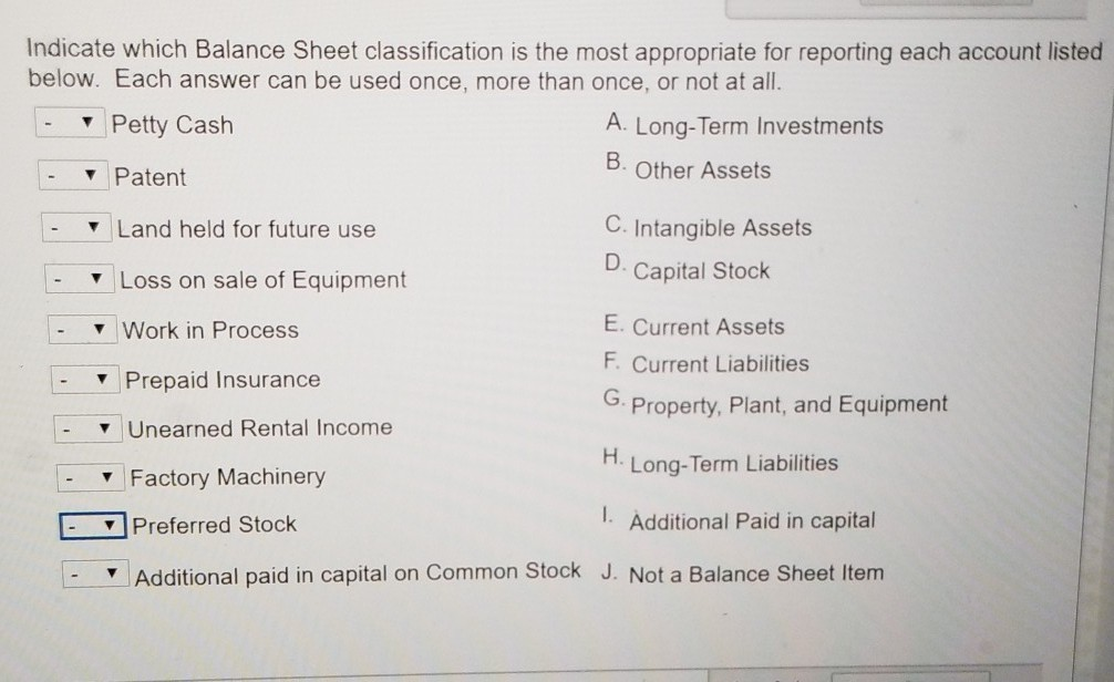 Indicate which Balance Sheet classification is the most appropriate for reporting