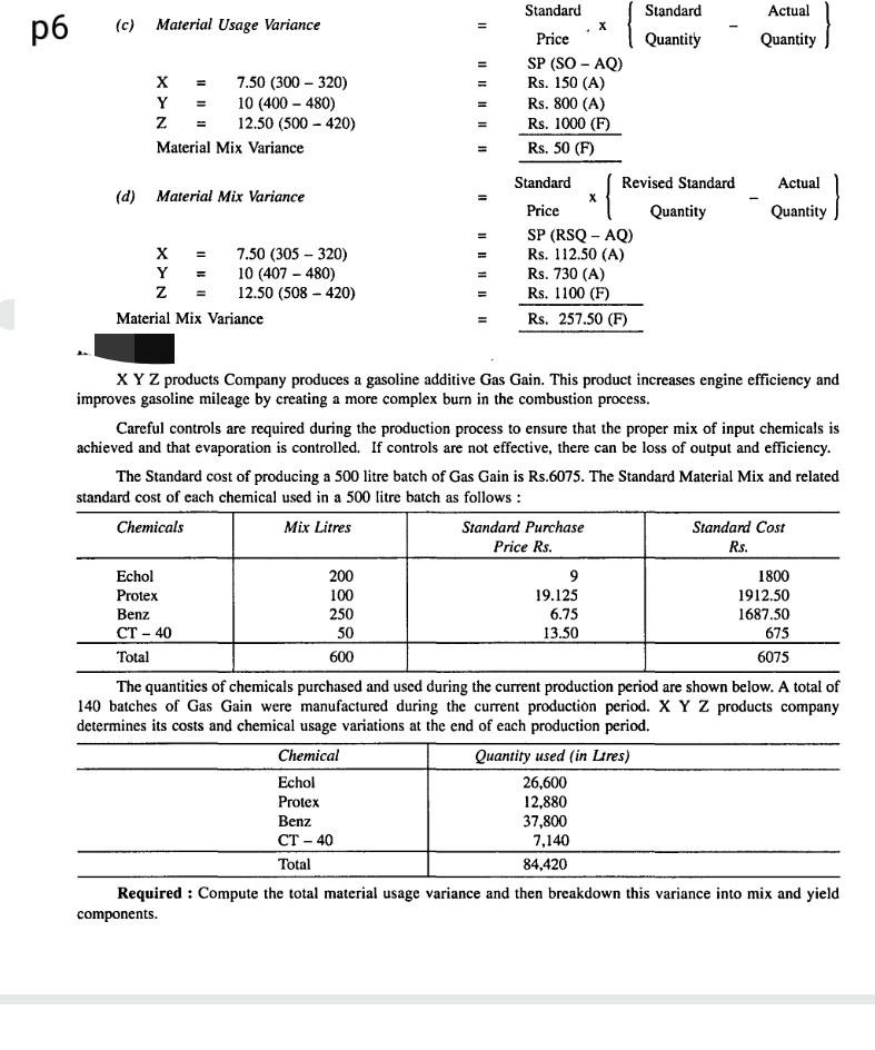 II p6 (c) Material Usage Variance Standard Quantity . Actual Quantity