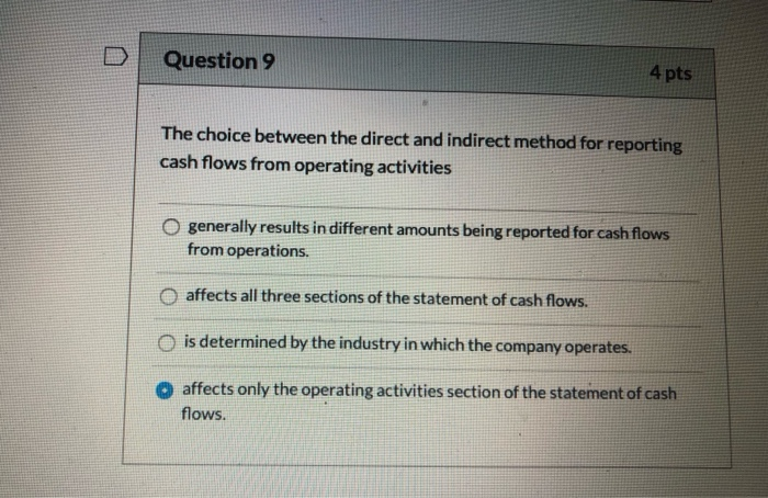  Question 9 4 pts The choice between the direct and indirect