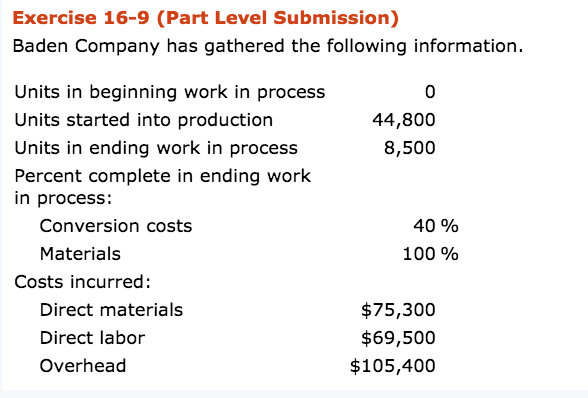 Please do part C Exercise 16-9 (Part Level Submission) Baden Company has