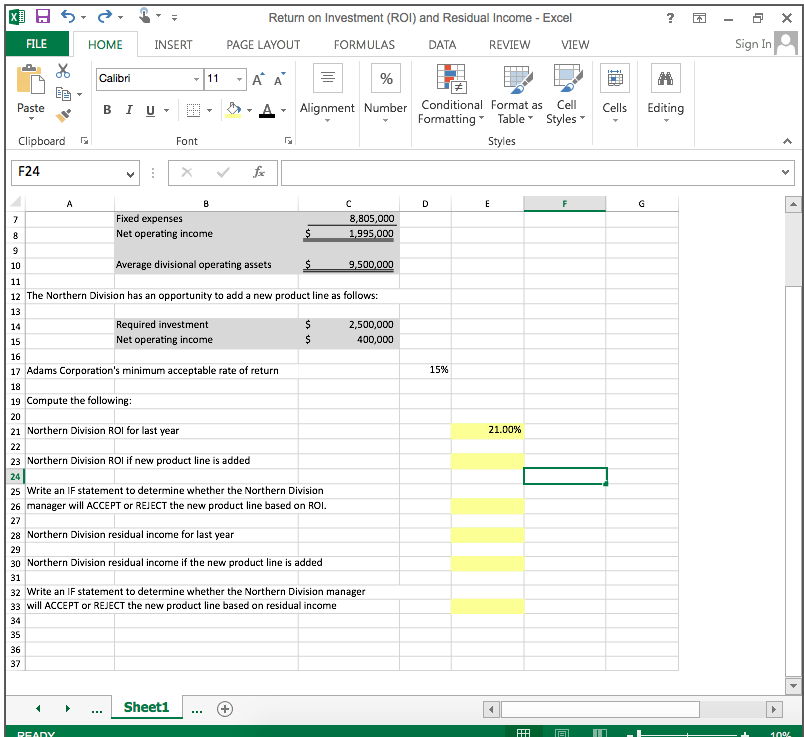 Compute residual income. Return on Investment (ROI) and Residual Income Excel FILE