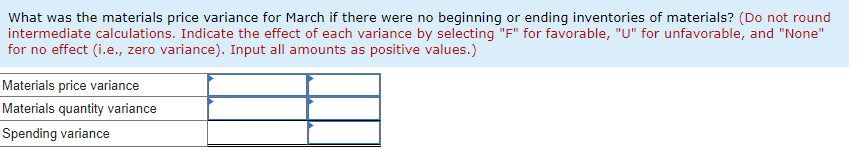 positive values.) What was the materials price variance for March if there