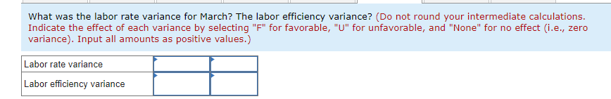 calculations. Indicate the effect of each variance by selecting "F" for favorable,