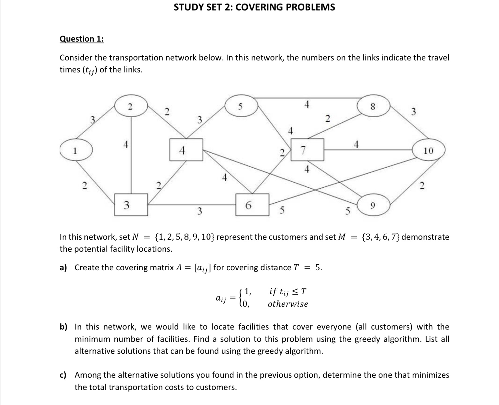  : COVERING PROBLEMS Question 1: Consider the transportation network below. In