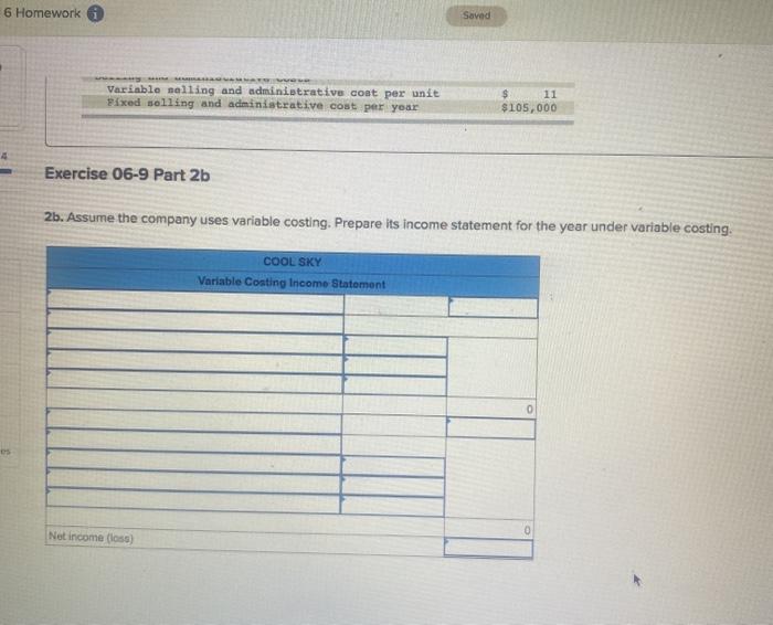 Cool Sky reports the following costing data on its product for its