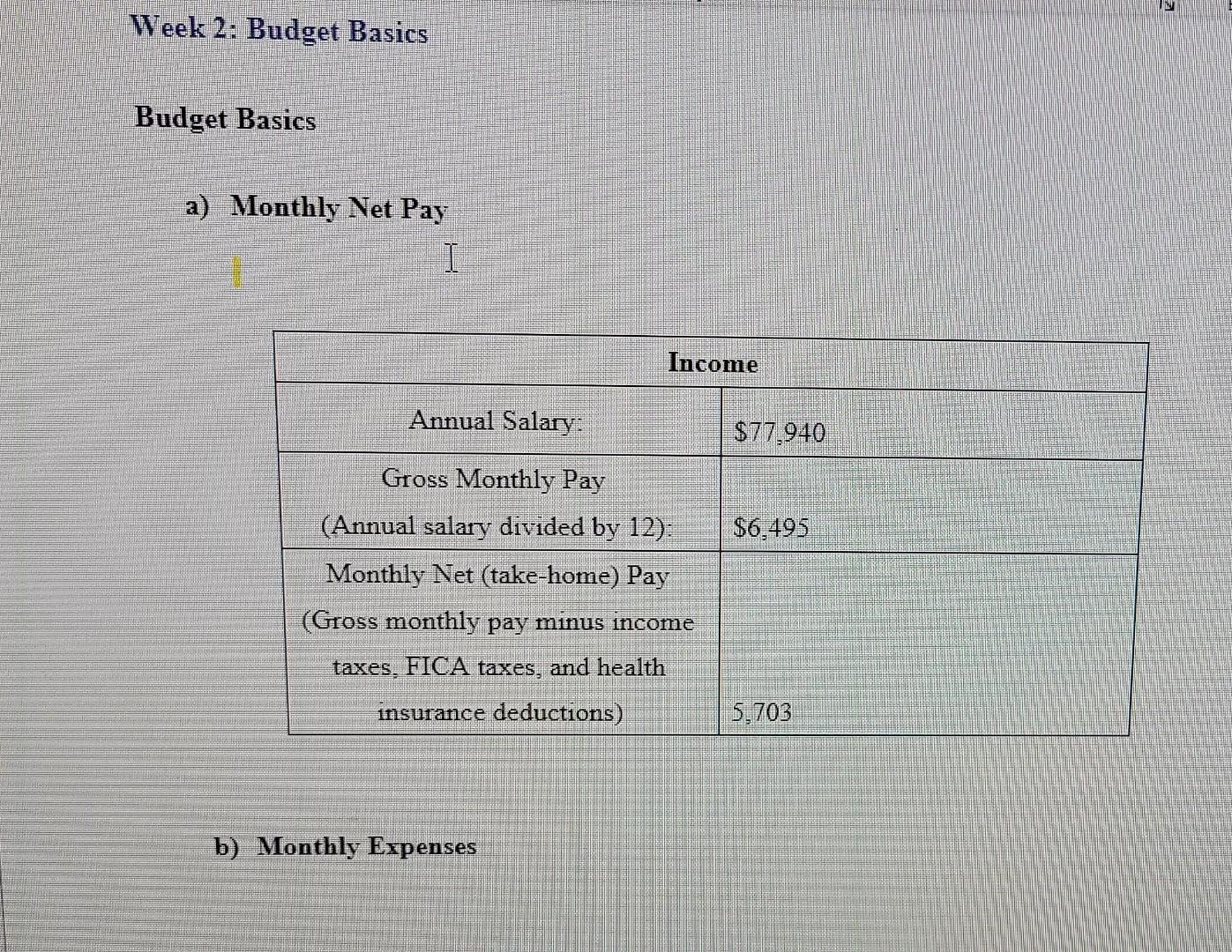 need help with week six part 3 a) Monthly Net Pay