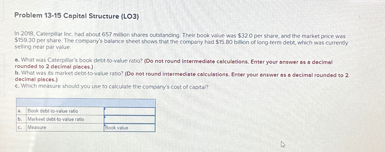  Problem 13-15 Capital Structure (LO3) In 2018, Caterpillar Inc. had about