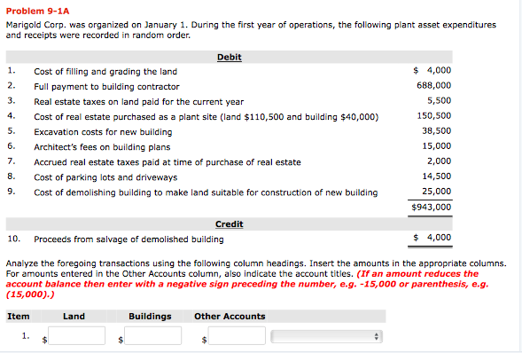  Problem 9-1A Marigold Corp. was organized on January 1. During the