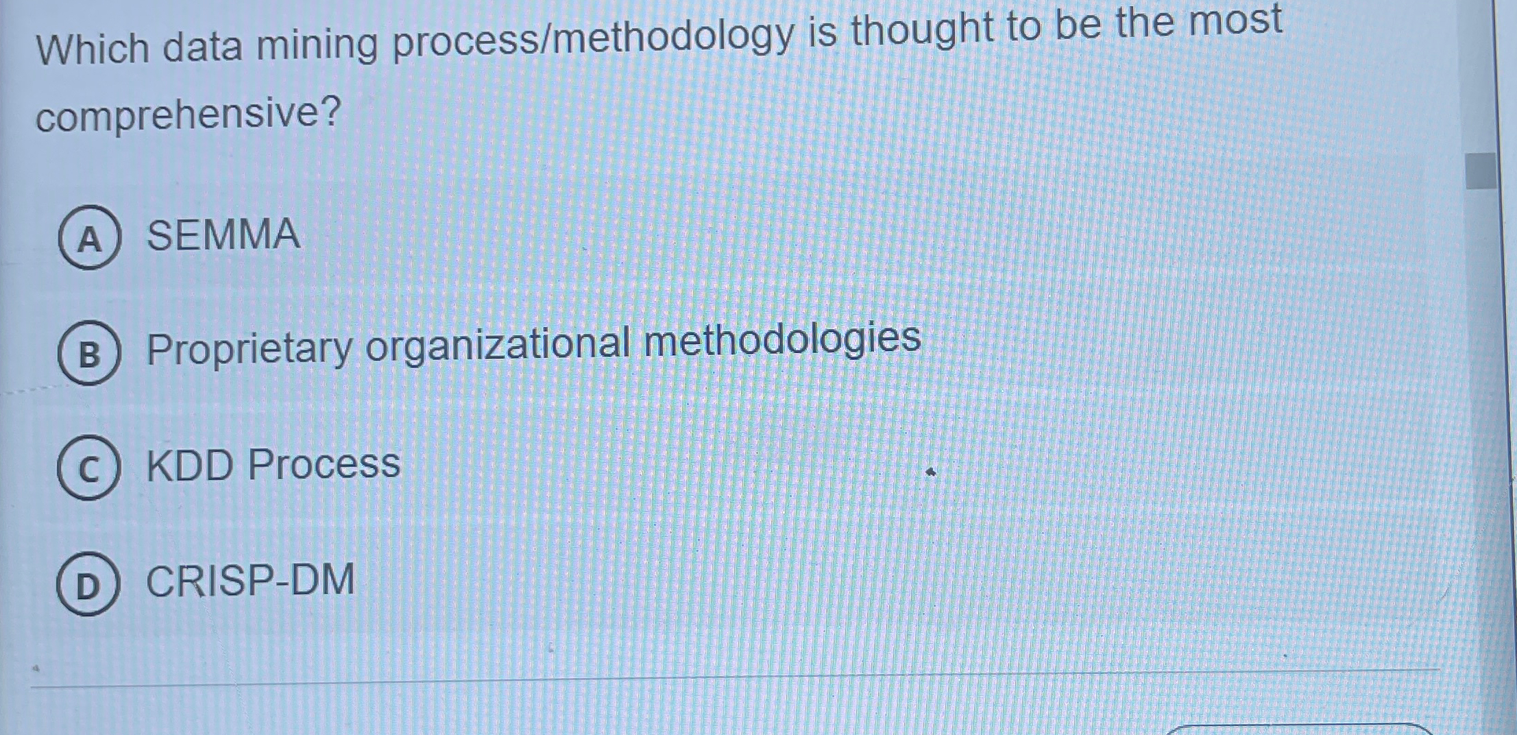  Which data mining process/methodology is thought to be the most comprehensive?