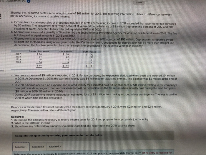  r 16 - Assignment #8 i Sherrod, Inc., reported pretax accounting