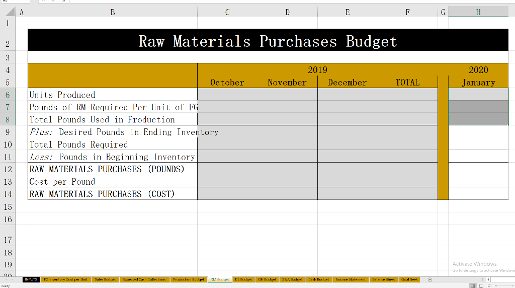 Budget, Income Statement, Balance Sheet, and Goal Seek. Requirements are listed in