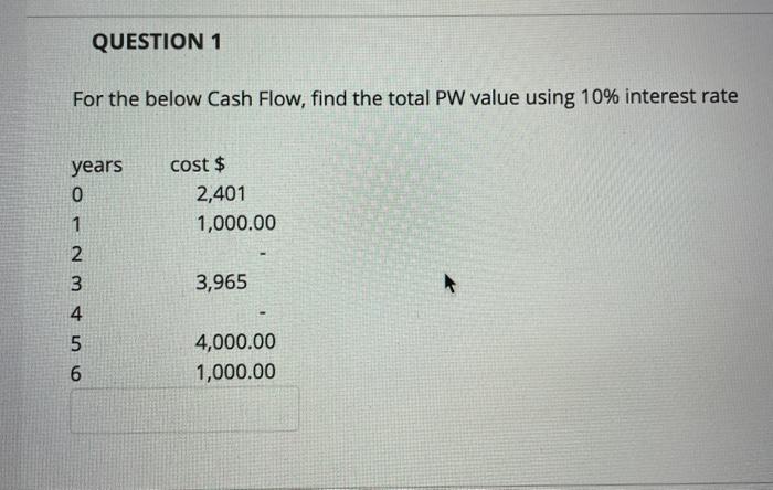  QUESTION 1 For the below Cash Flow, find the total PW