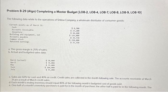  Problem 8-29 (Algo) Completing a Master Budget [LO8-2, LO8-4, LO8-7, LO8-8,