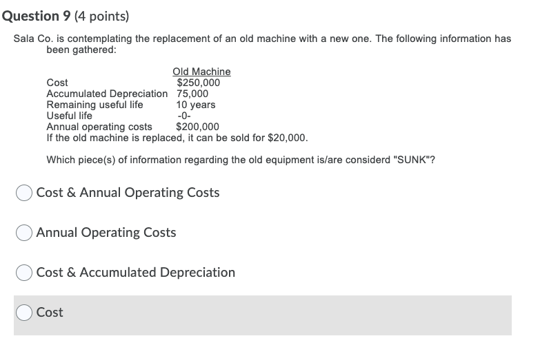 Question 9 (4 points) Sala Co. is contemplating the replacement of