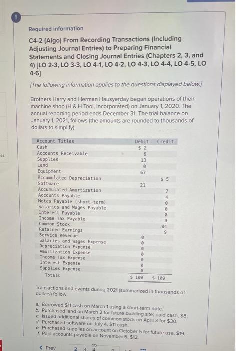 help please ! 6 Required information C4-2 (Algo) From Recording Transactions (Including