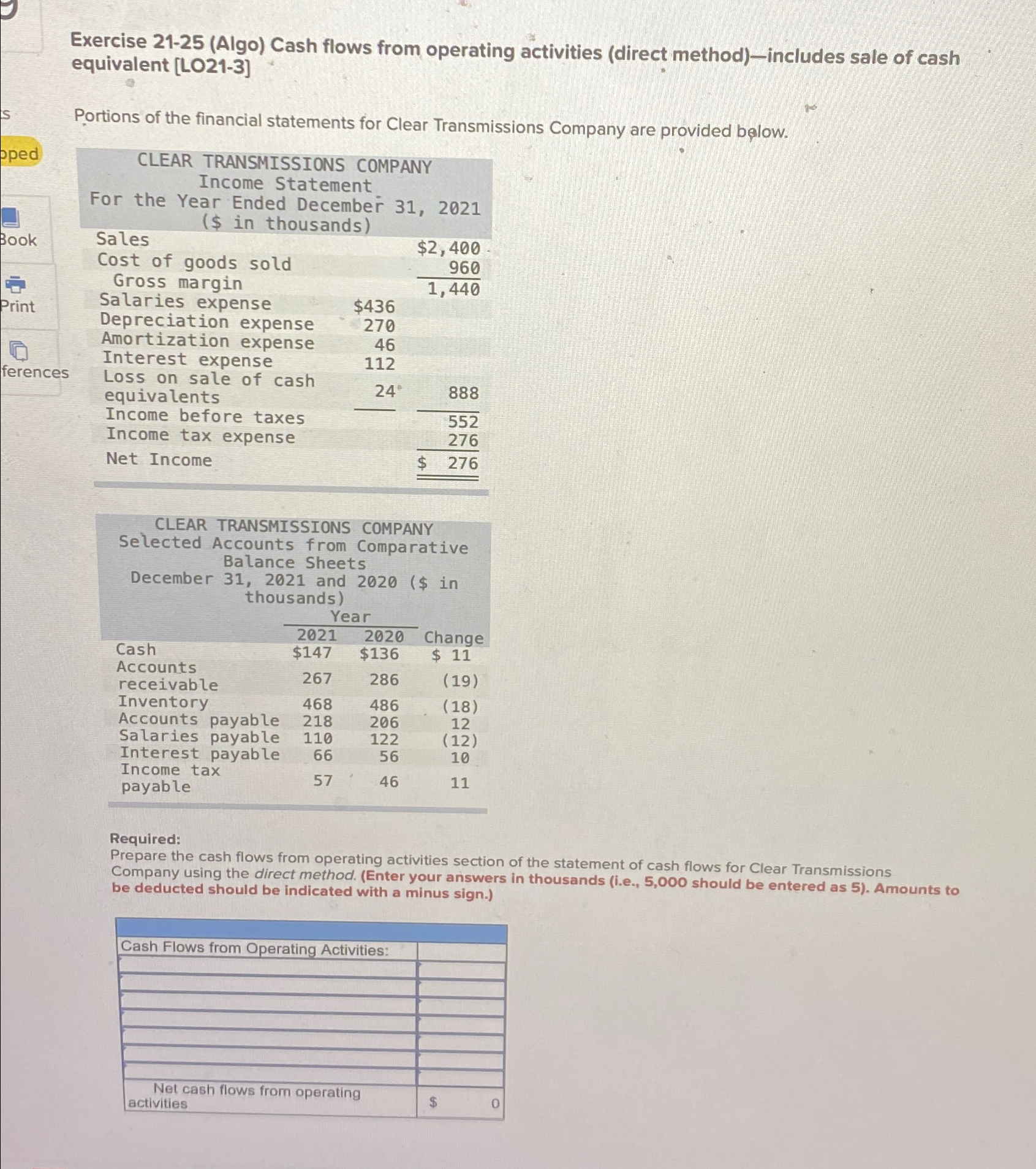  Exercise 21-25(Algo) Cash flows from operating activities (direct method)-includes sale of