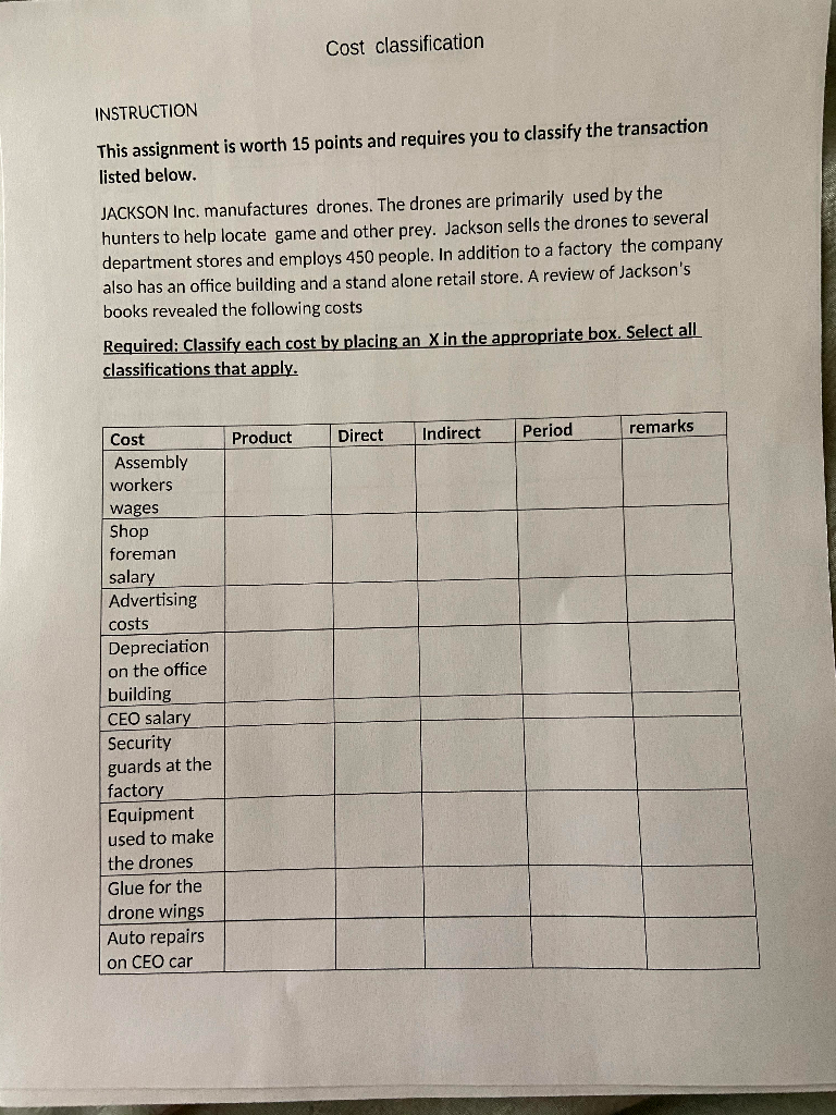  Cost classification INSTRUCTION This assignment is worth 15 points and requires