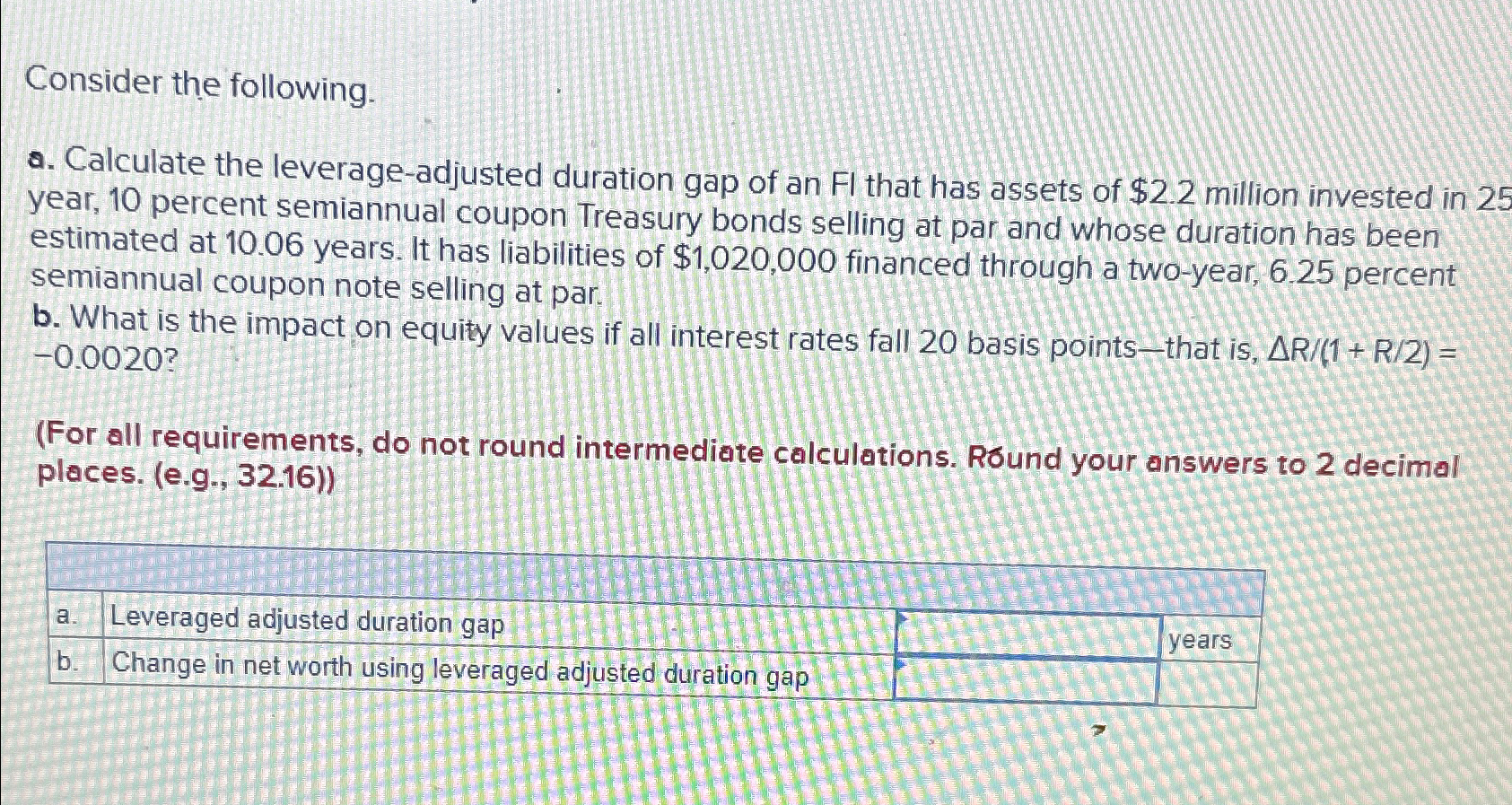  Consider the following. a. Calculate the leverage-adjusted duration gap of an