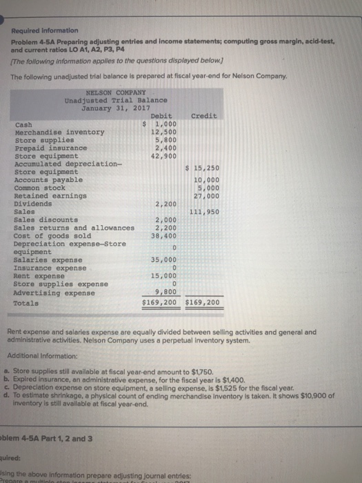  Required information Problem 4-5A Preparing adjusting entries and income statements; computing