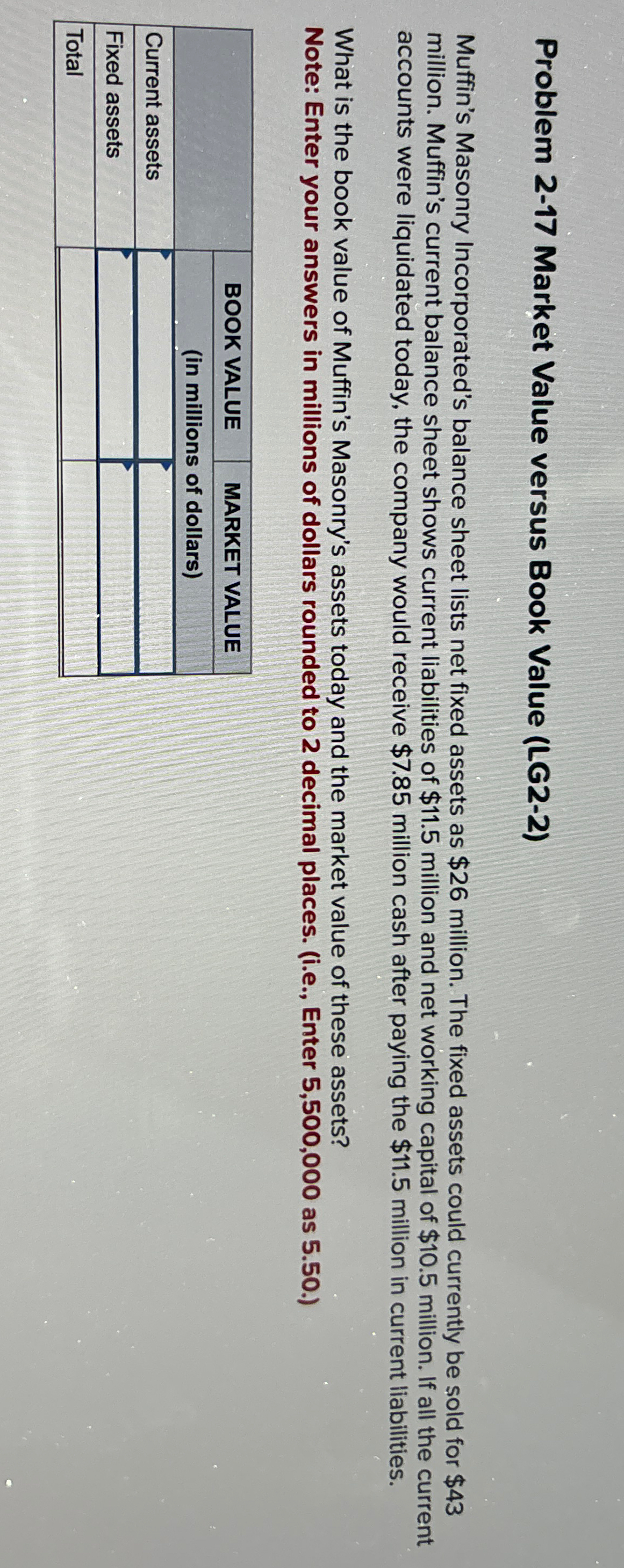  Problem 2-17 Market Value versus Book Value (LG2-2) Muffin's Masonry Incorporated's